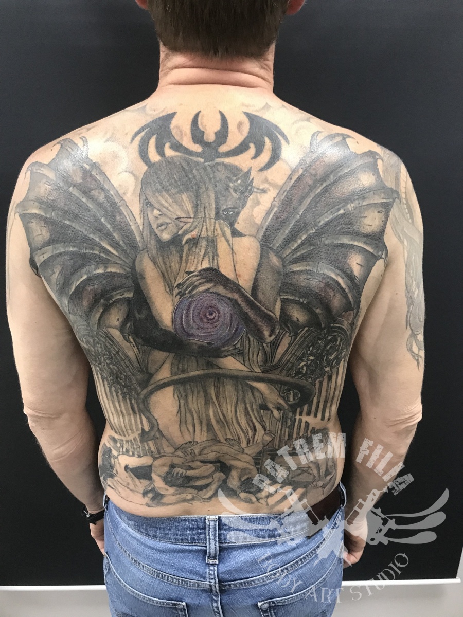 Duivel en Engel Rugstuk Cover-up Tattoeages