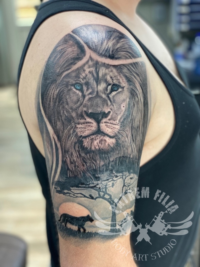Leeuw op bovenarm Tattoeages