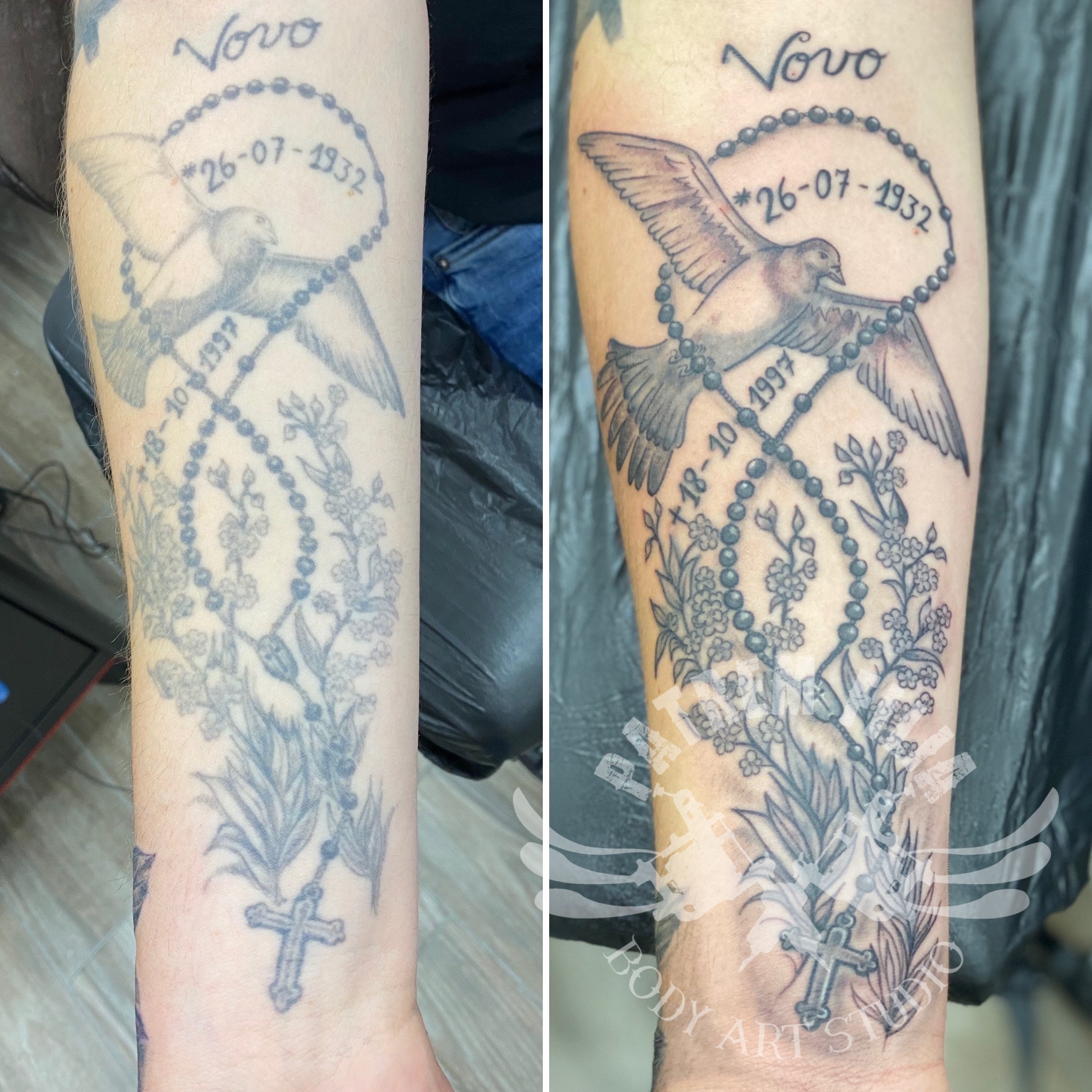 Opfrissen onderarm duif met rozenkrans Tattoeages