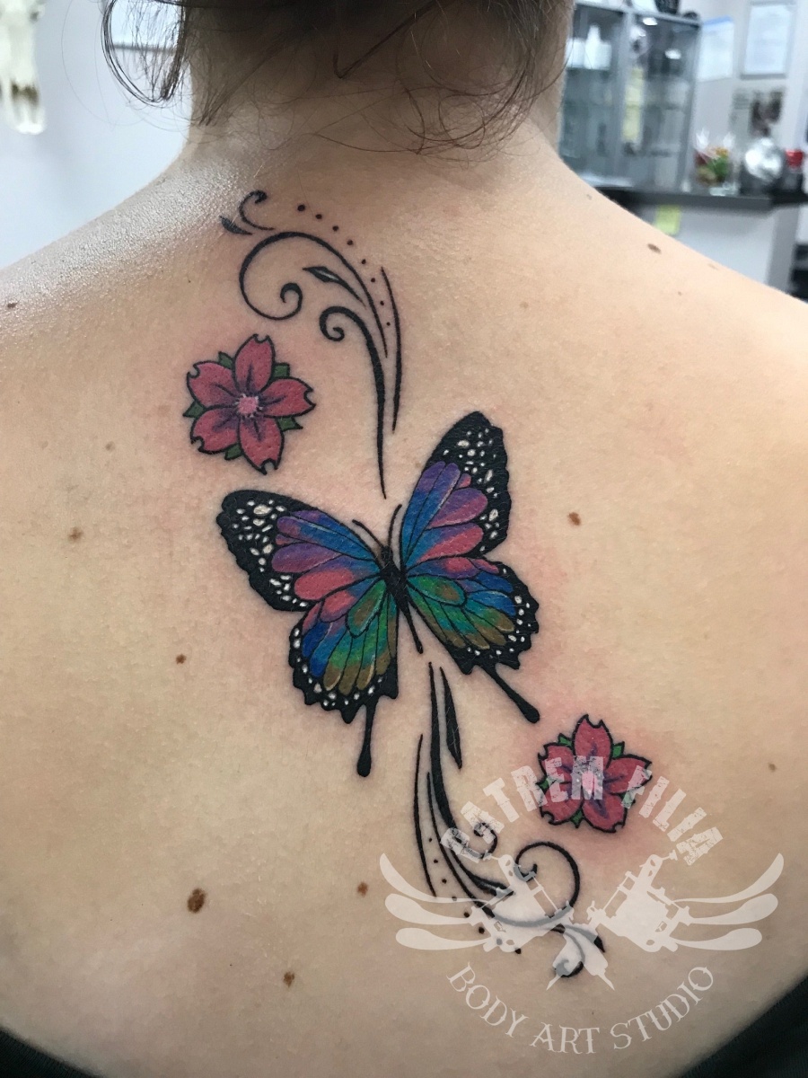 Kleuren vlinder met sierlijke krullen. Tattoeages