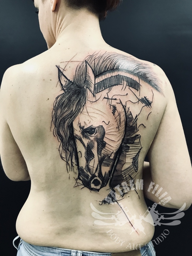 Zwart/wit Paarden hoofd Tattoeages