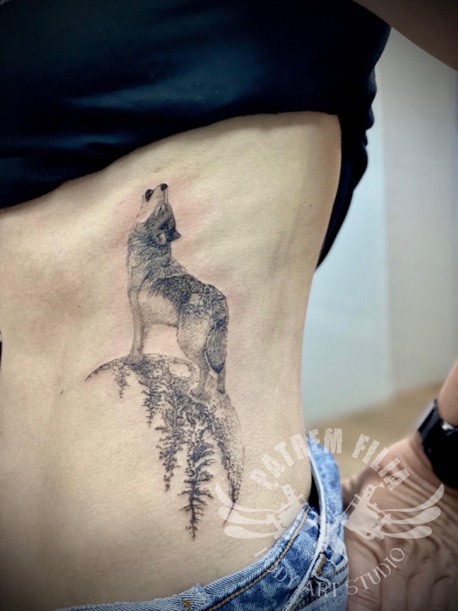 wolf met maan op ribben Tattoeages