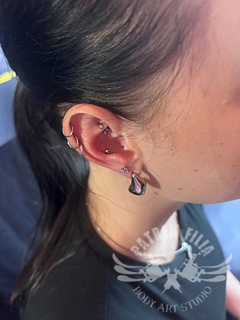 Curated ear piercing set-up met rook, conch en helix ringetjes
