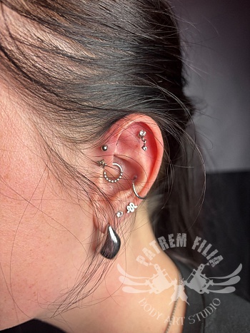Curated ear project met helix, conch en lobe piercings