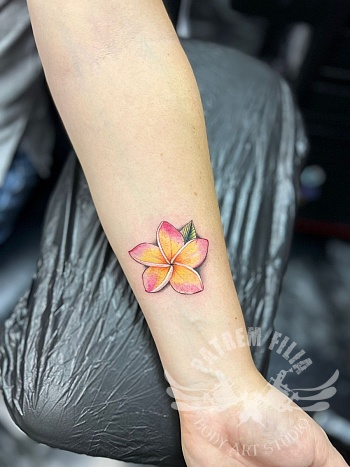 Kleurrijke frangipani bloem tattoo op de onderarm
