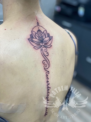 Lotus met tekst op ruggegraat