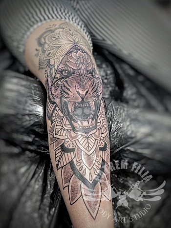 Tijger met mandala op knie