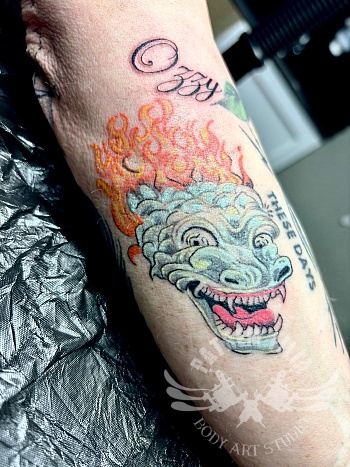 Vurige draakkop in kleur - onderarm door Lies